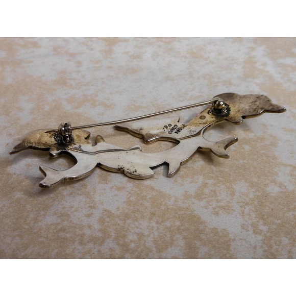 Vintage Mexico Sterling Silver Dolphins Brooch Pin 14 Grams - Picture 8 of 8